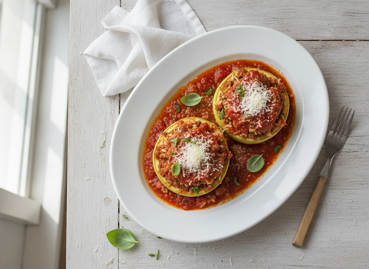 Zapallitos rellenos con salsa de tomate y queso photo
