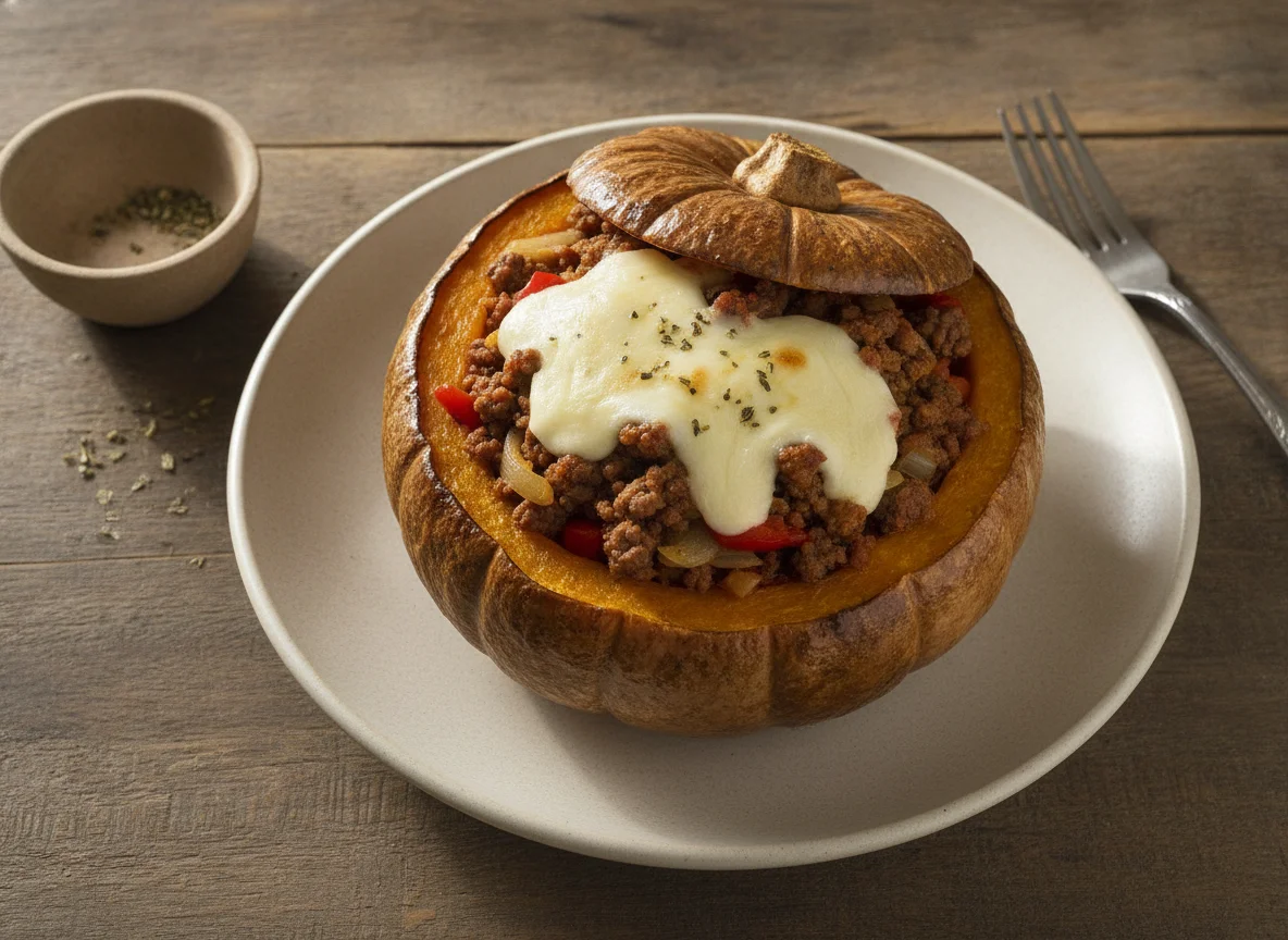 Zapallo relleno con carne y queso photo