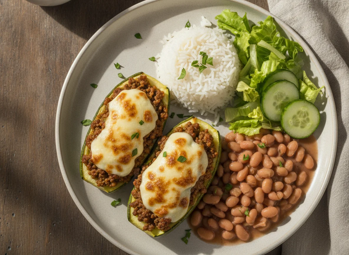 Abobrinha recheada com arroz, feijão e salada photo
