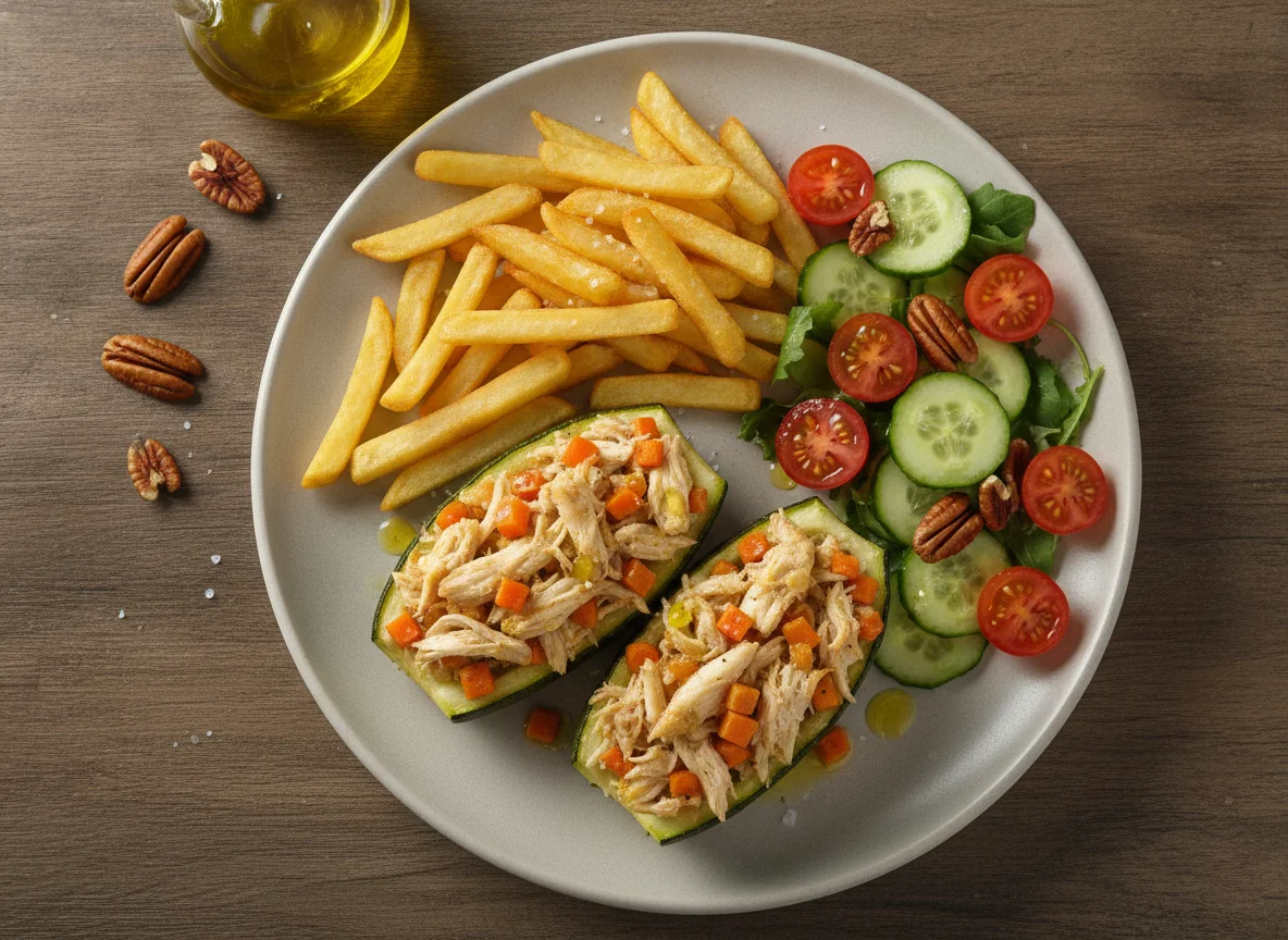 Abobrinha recheada com batatas fritas e salada photo