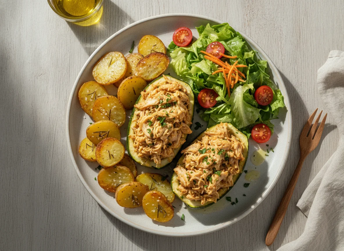 Abobrinha recheada com frango, batatas rústicas e salada photo