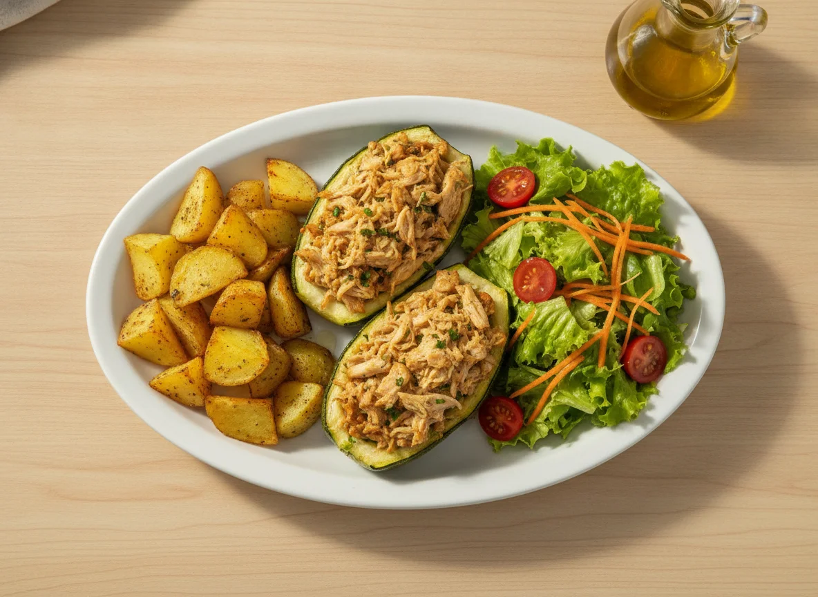 Abobrinha recheada com frango, batatas rústicas e salada mista photo