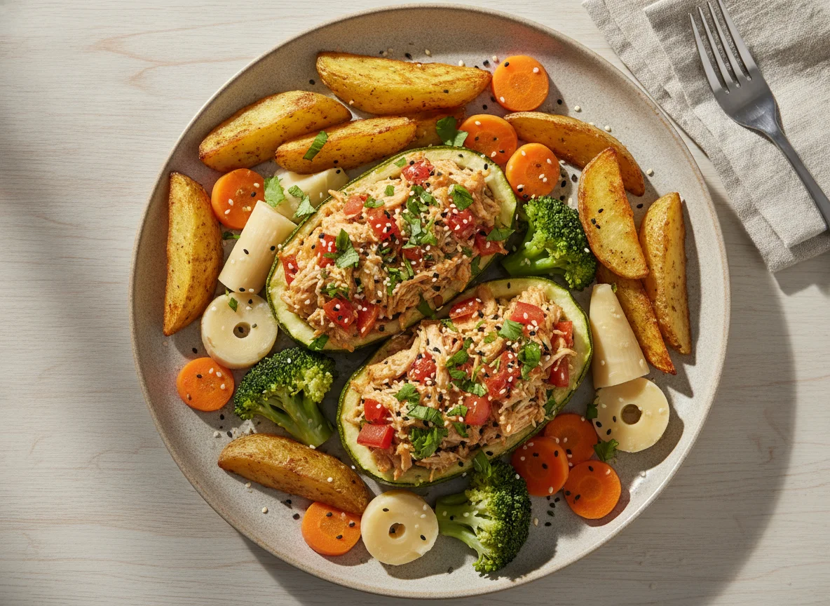 Abobrinha recheada com legumes e batata air fryer photo
