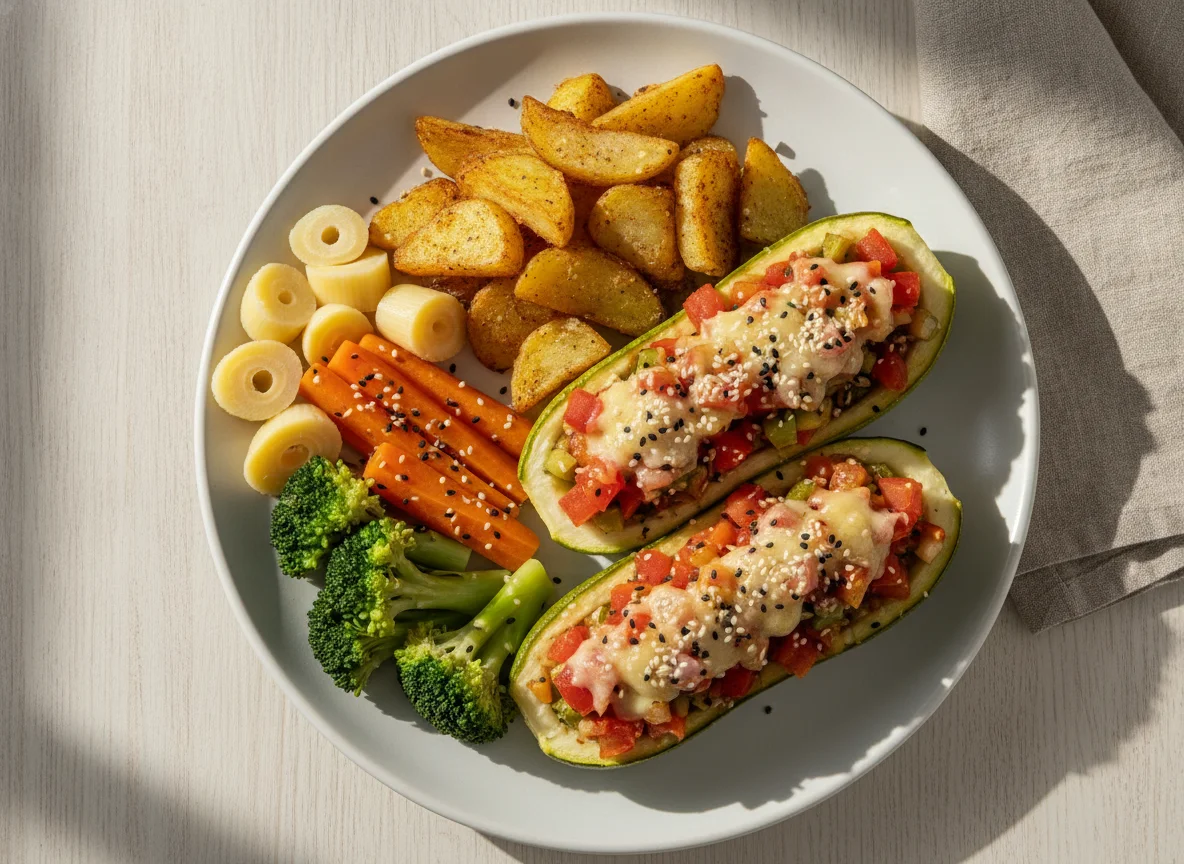 Abobrinha recheada com legumes e batatas rústicas photo