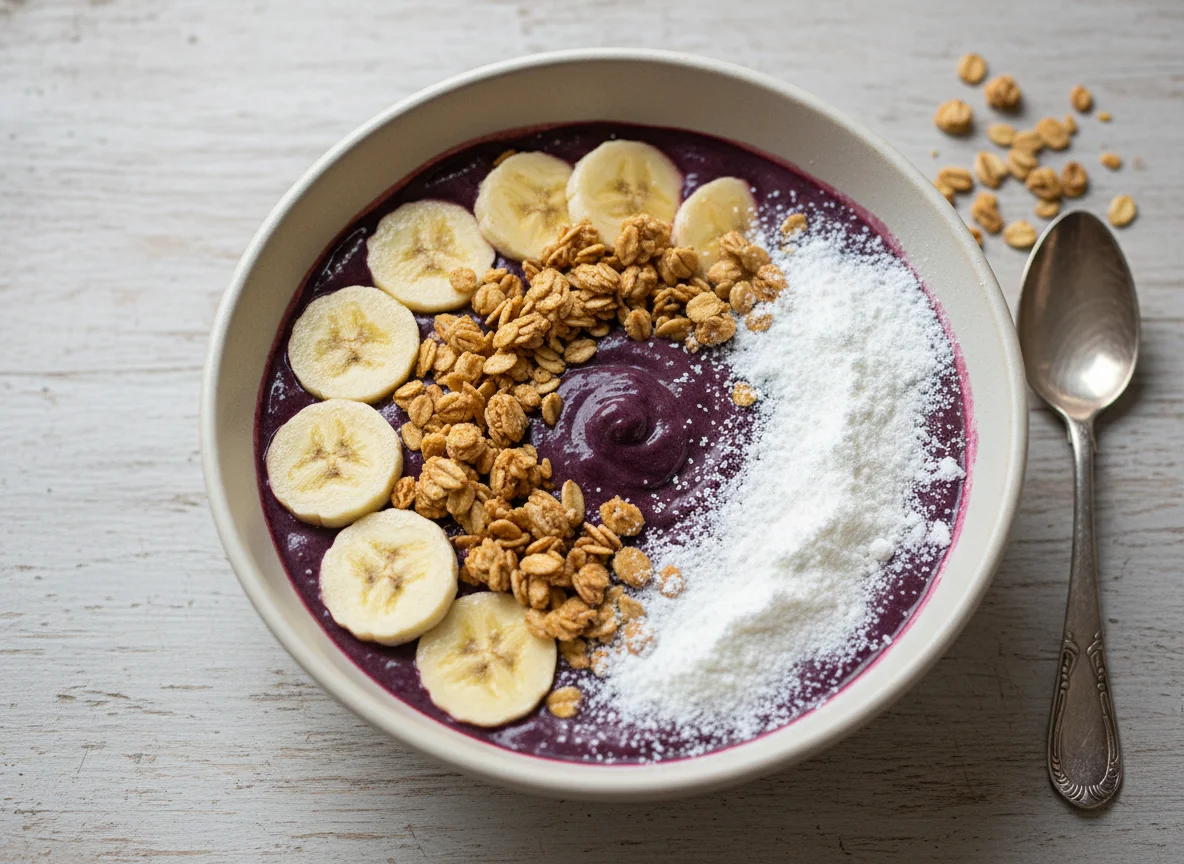 Açaí com banana, granola e leite em pó photo
