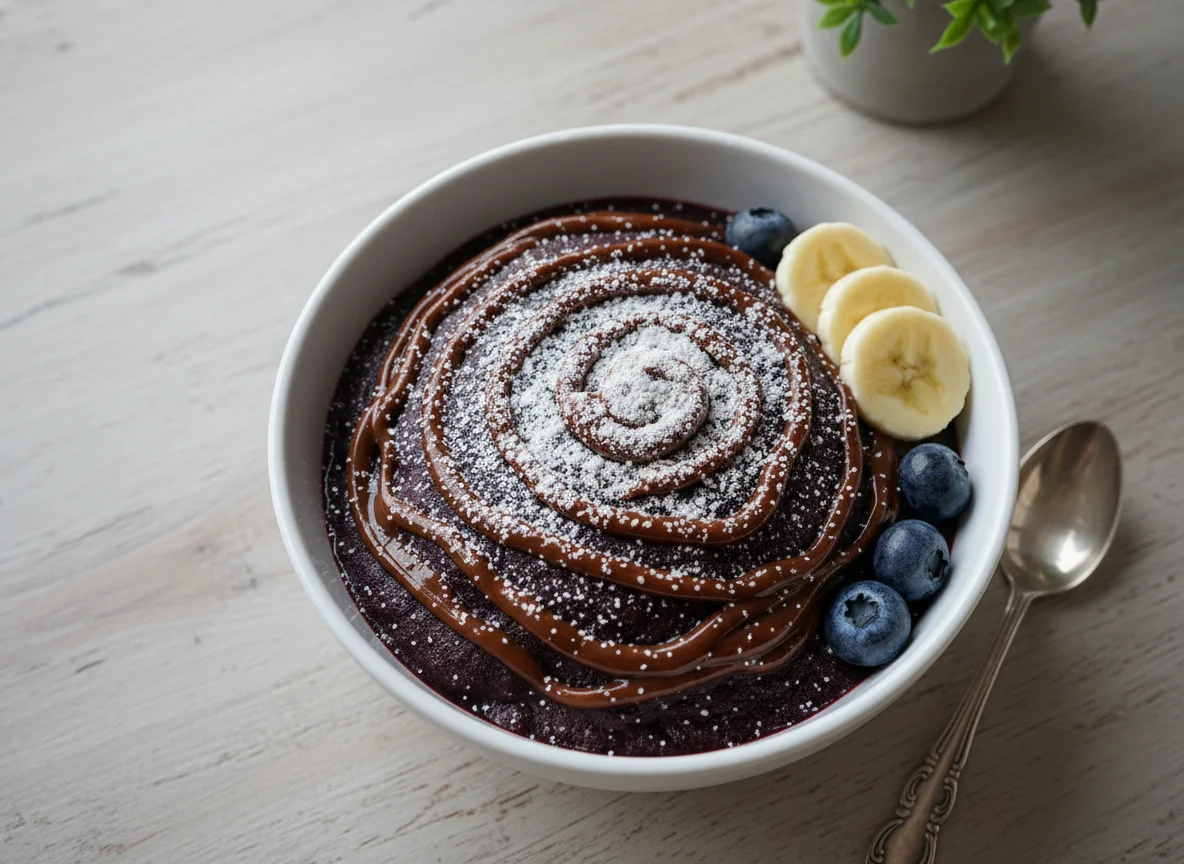 Açaí com calda de chocolate e leite em pó photo