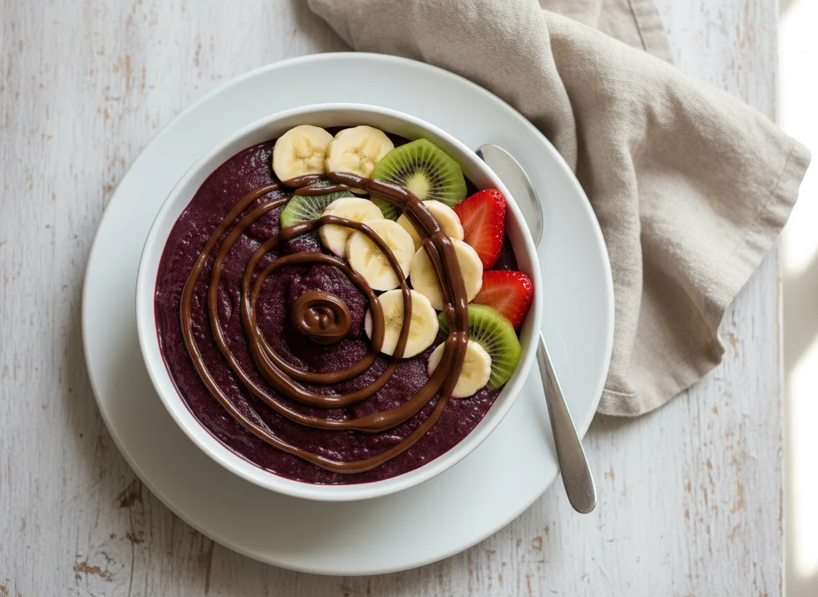 Açaí com frutas e calda de chocolate photo