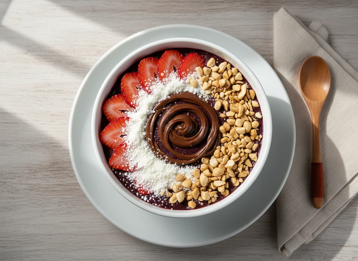 Açaí com morango, leite em pó, castanha de caju e creme de avelã photo