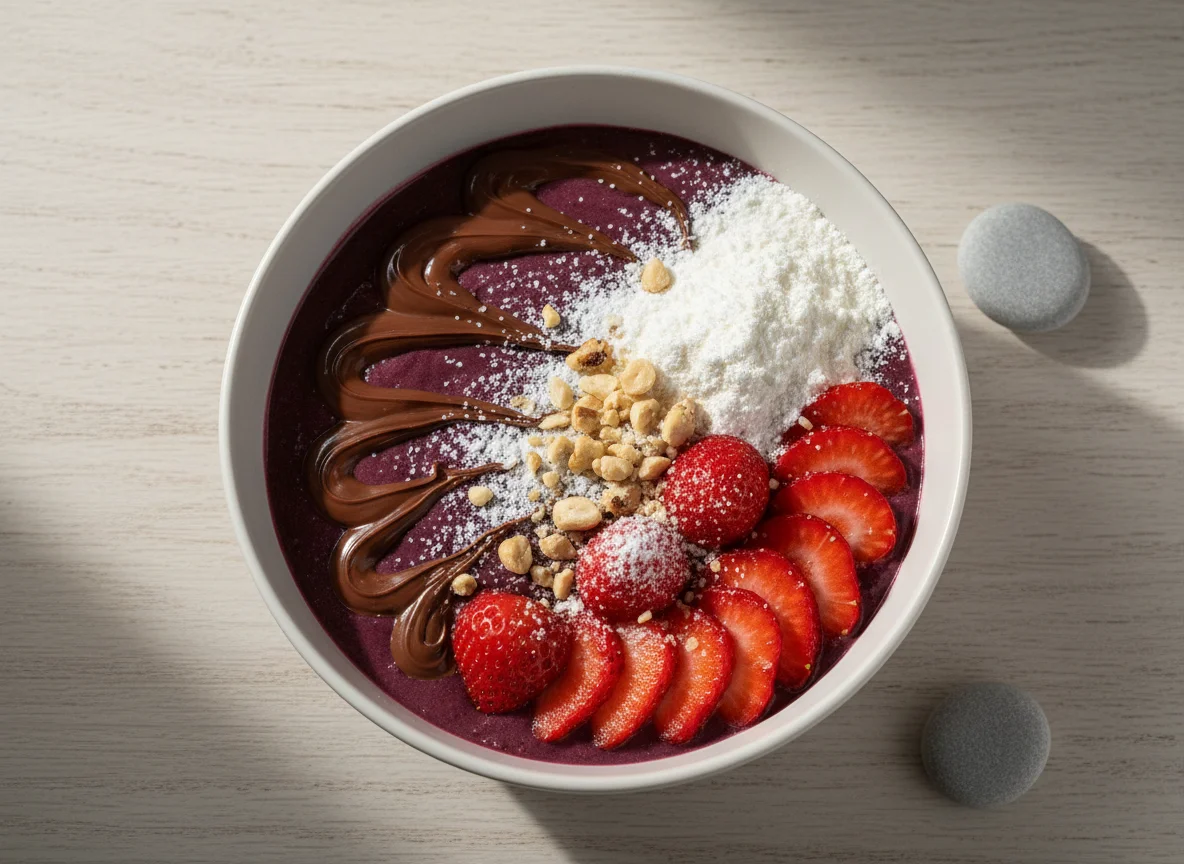 Açaí com morango, leite em pó e creme de avelã photo