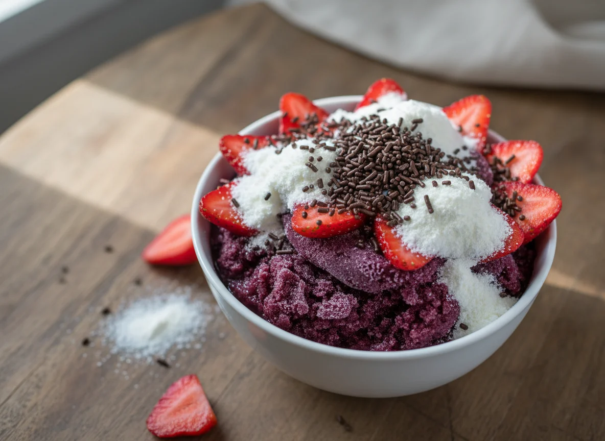 Açaí com morango, leite em pó e granulado photo
