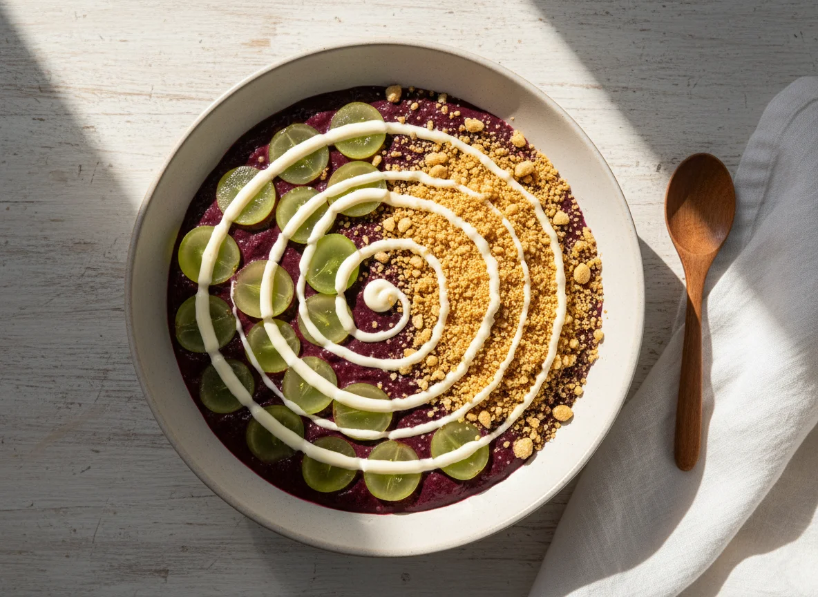 Açaí com uva, leite condensado e farofa de amendoim photo