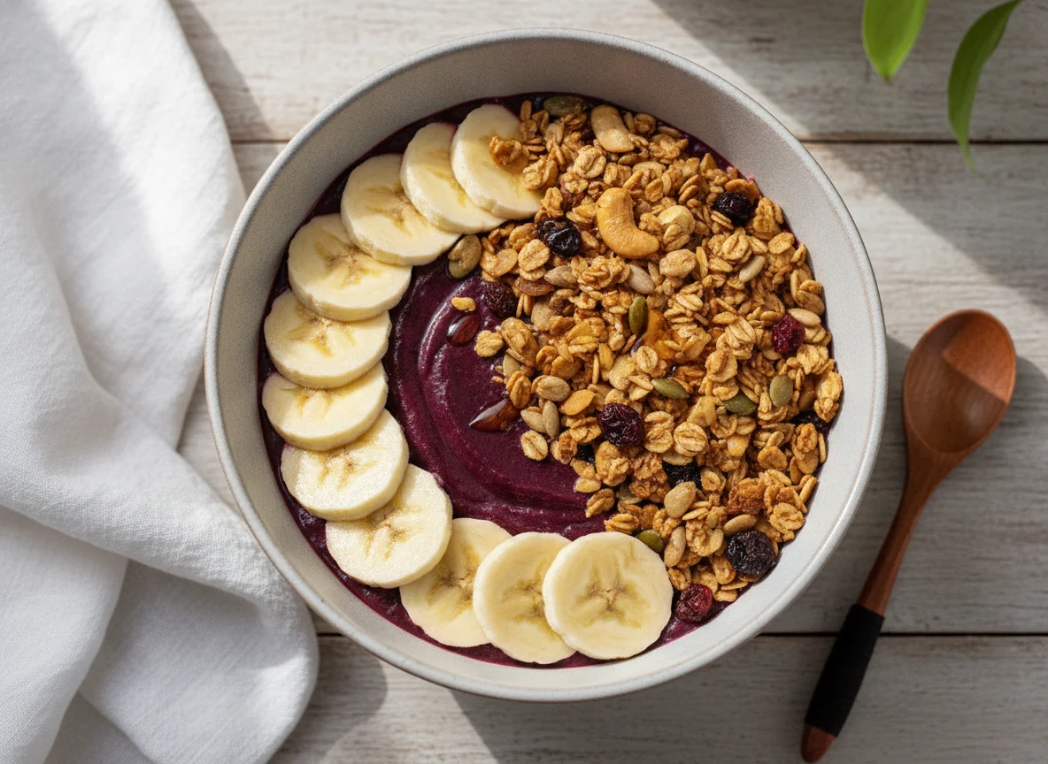 Açaí na tigela com banana e granola photo