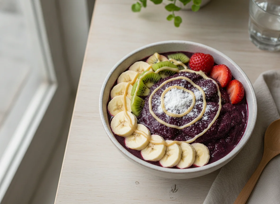 Açaí na tigela com frutas e leite condensado photo