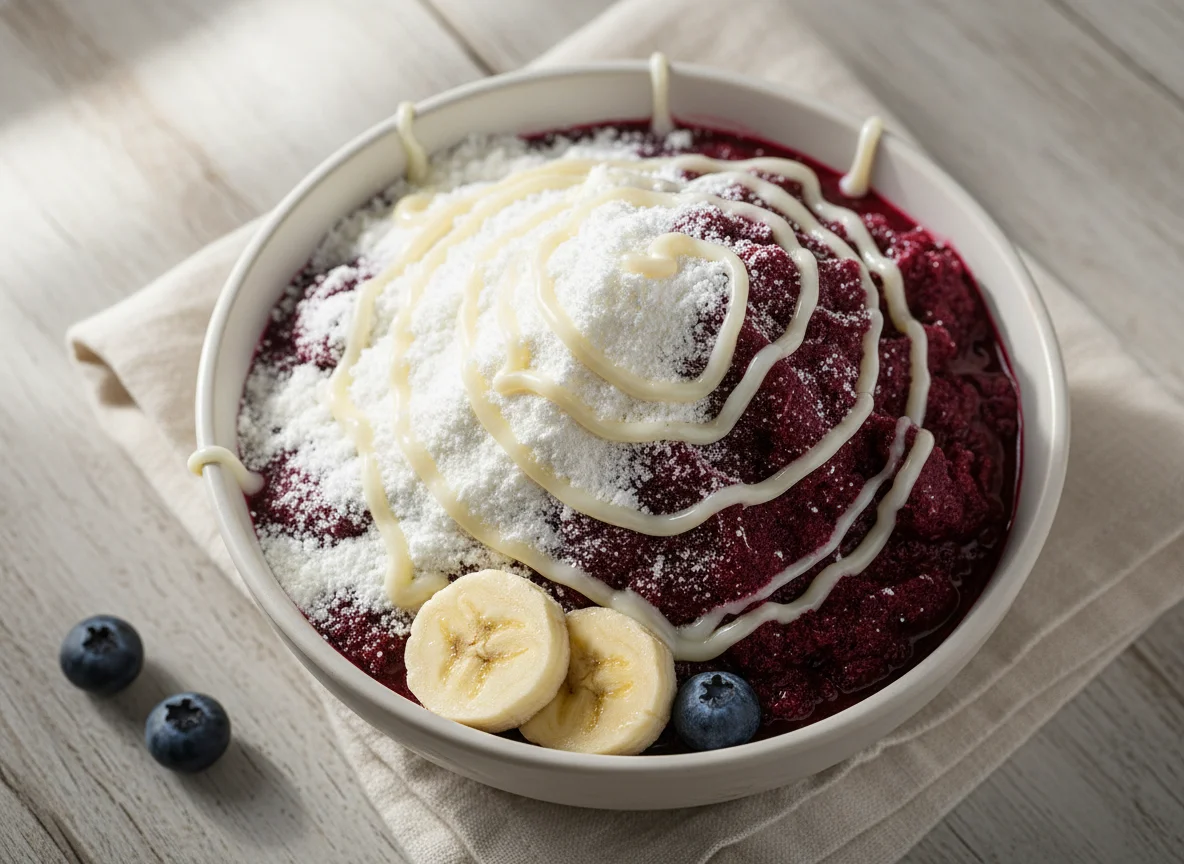 Açaí na tigela com leite em pó e leite condensado photo