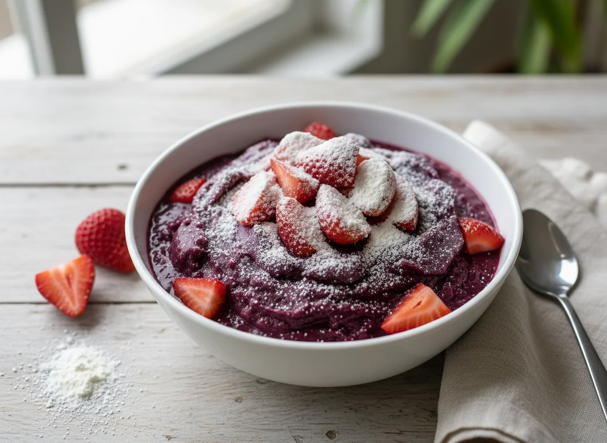 Açaí na tigela com morango e leite em pó photo