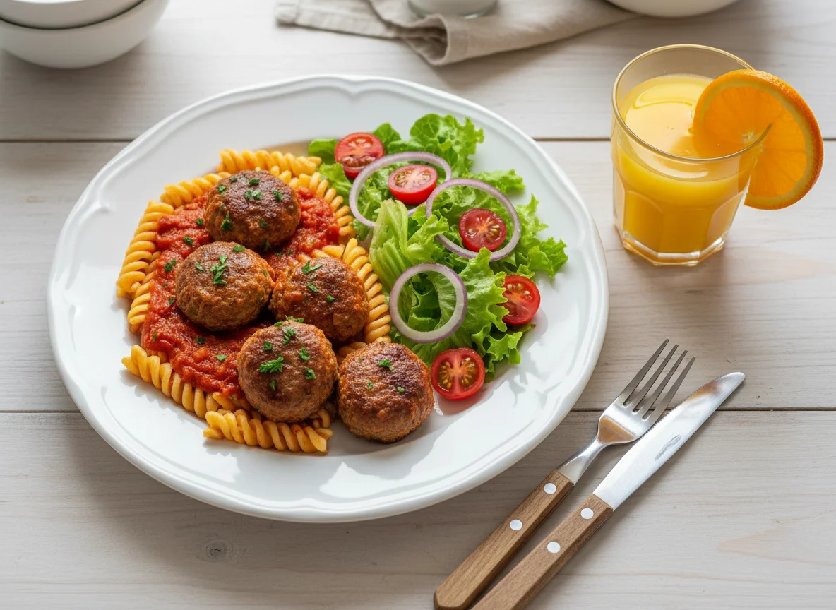 Almoço com almôndegas, macarrão e salada photo