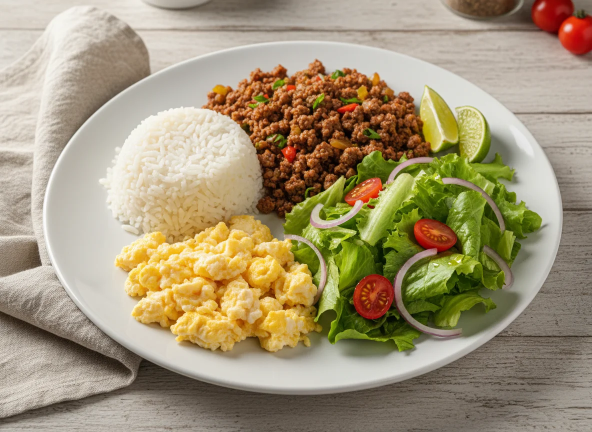 Almoço com carne moída e salada photo