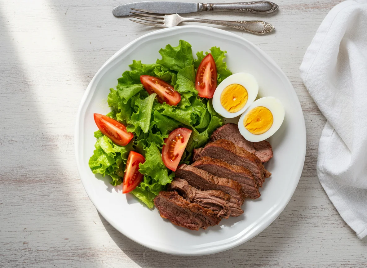 Almoço com carne, ovos e salada photo