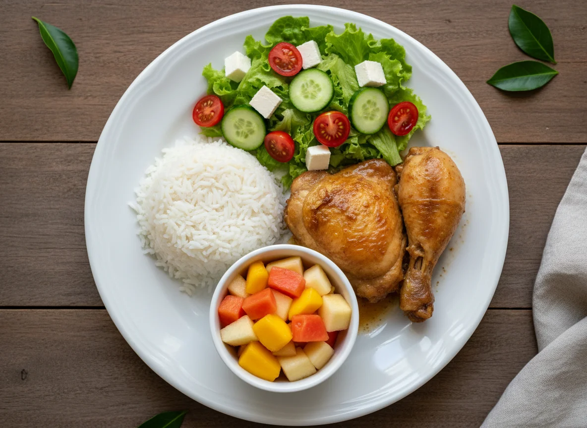 Almoço com frango, arroz, salada e salada de frutas photo