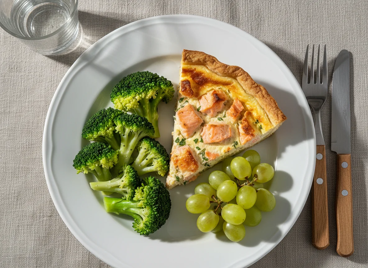 Almoço com quiche, brócolos e uvas photo