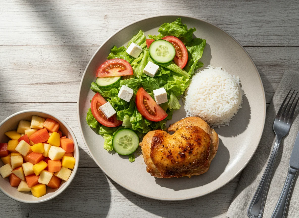 Almoço com salada, frango com arroz e salada de frutas photo