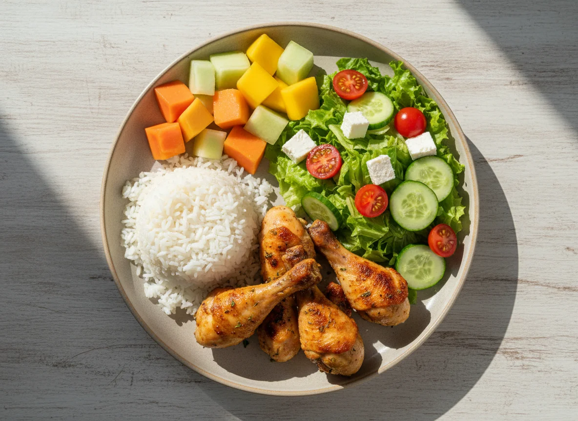 Almoço com salada, fruta e frango photo