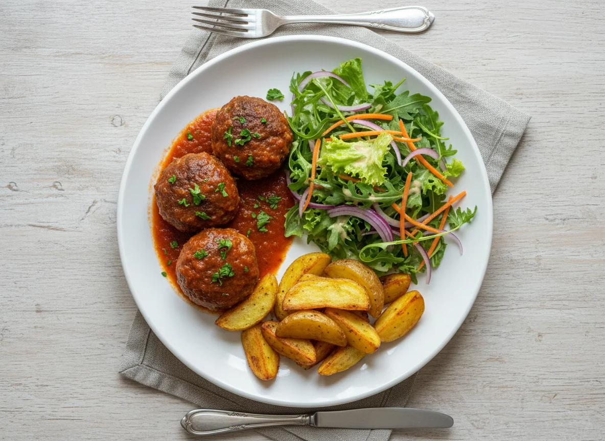 Almôndega com salada e batatas photo