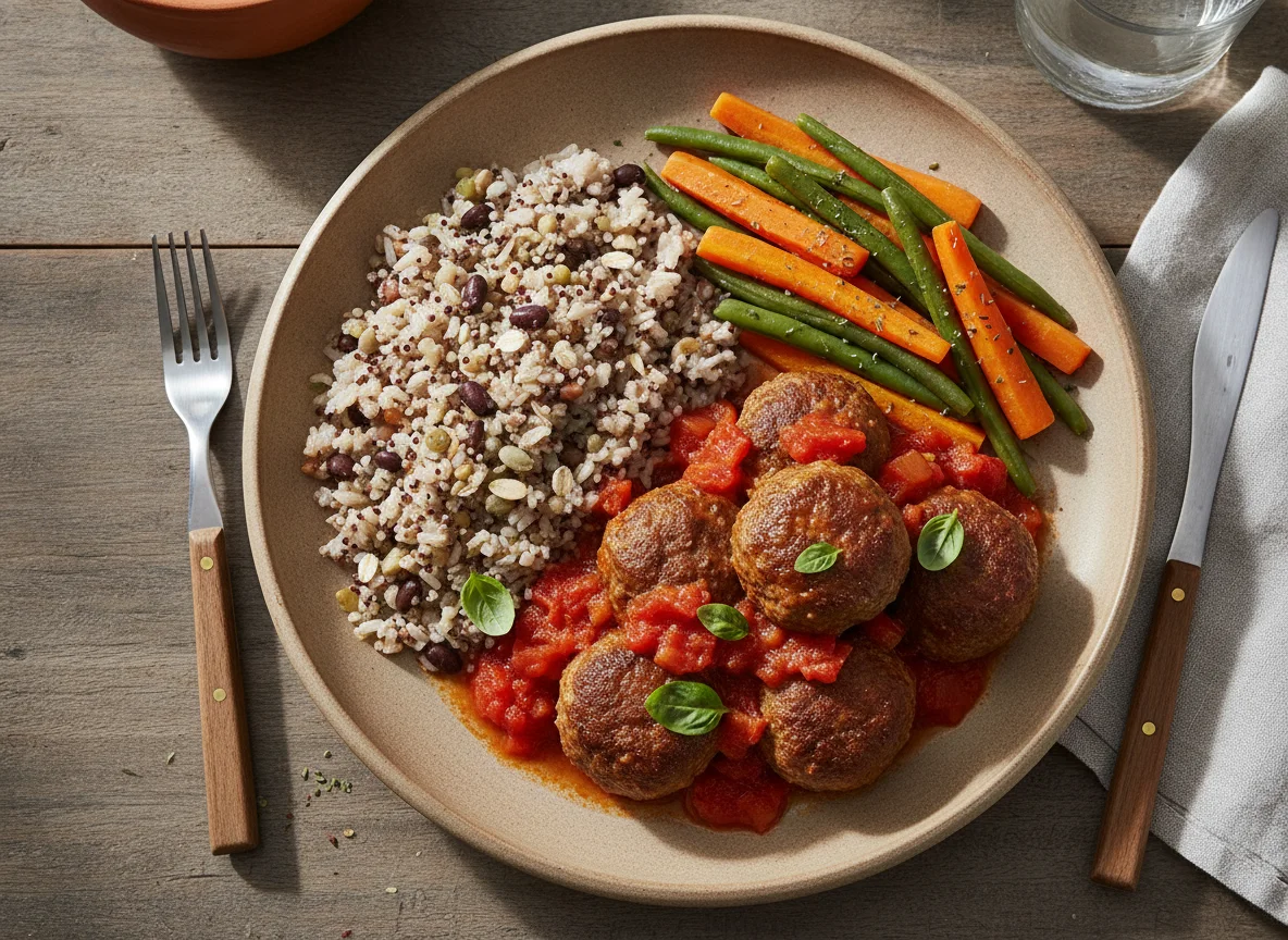 Almôndega de carne com molho de tomate, arroz 7 grãos e legumes photo