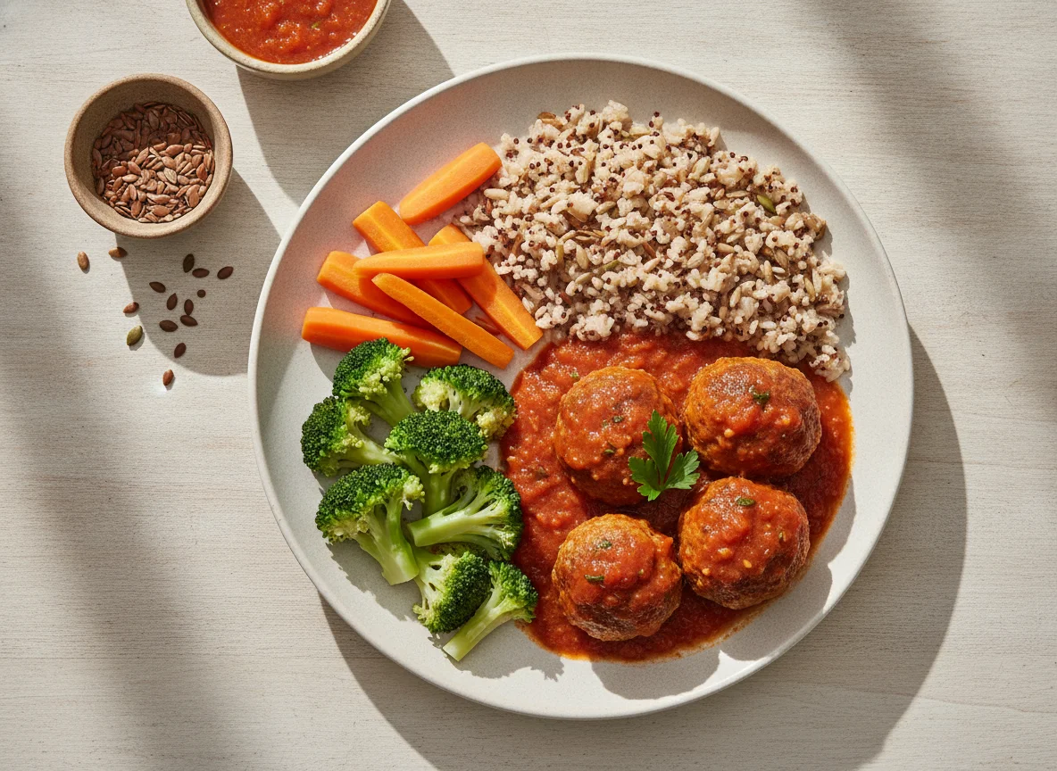 Almôndega de frango com molho de tomate, arroz 7 grãos, brócolis e cenoura photo