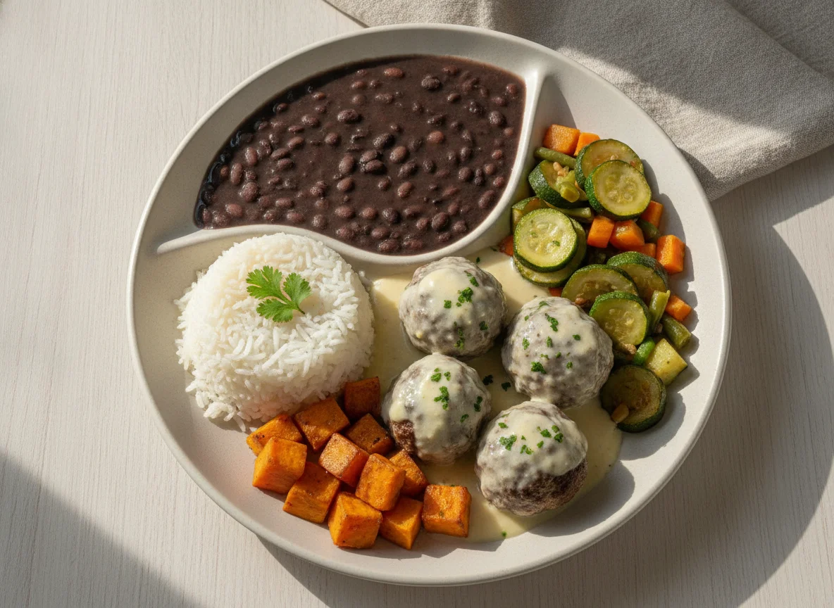Almôndegas ao molho branco com arroz, feijão e legumes photo