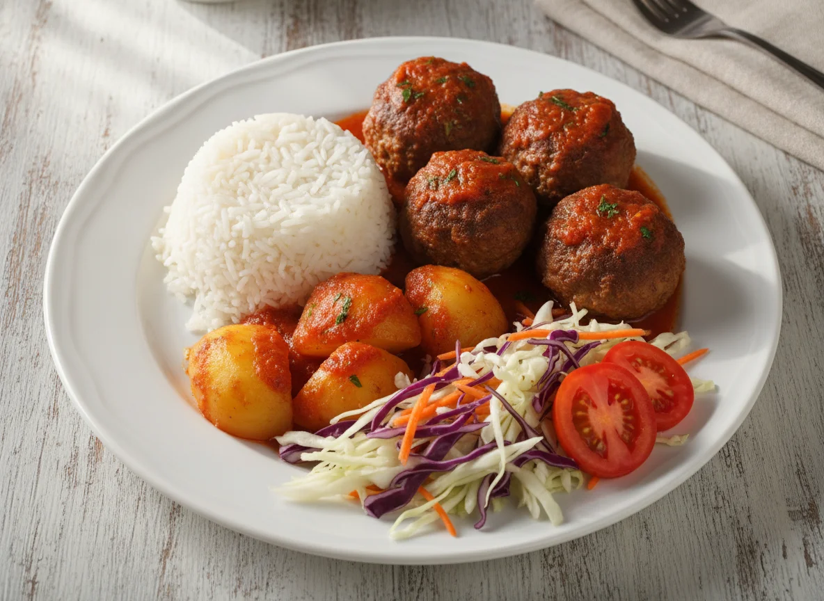 Almôndegas com arroz, batatas e salada photo