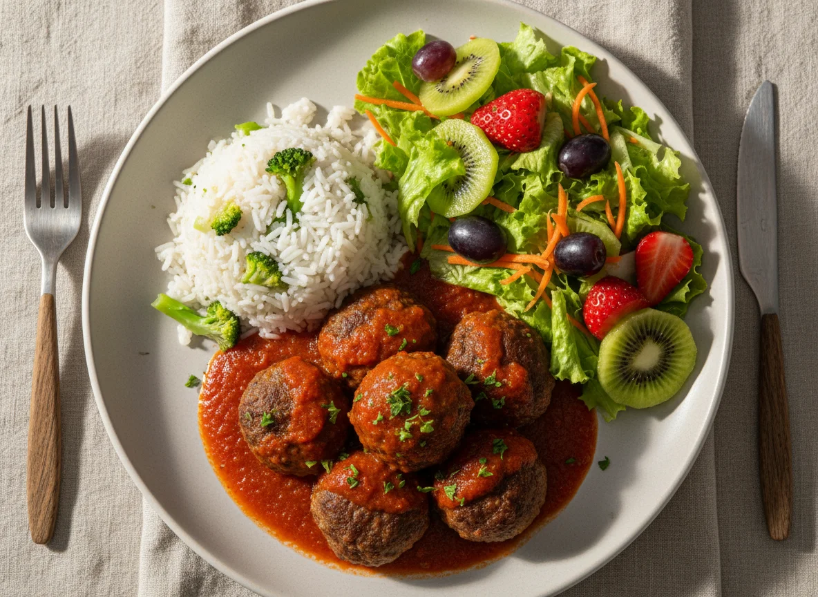 Almôndegas com arroz de brócolis e salada photo