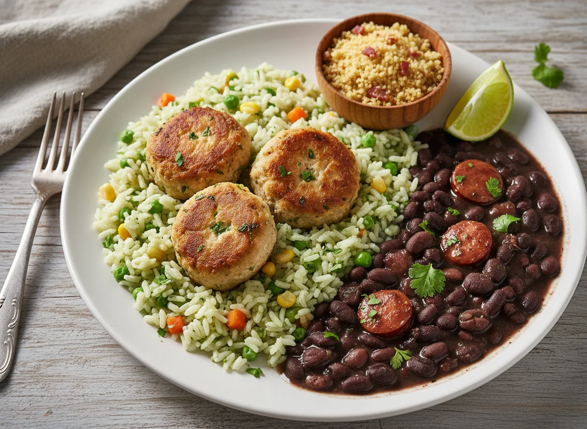 Almôndegas com arroz e feijão photo