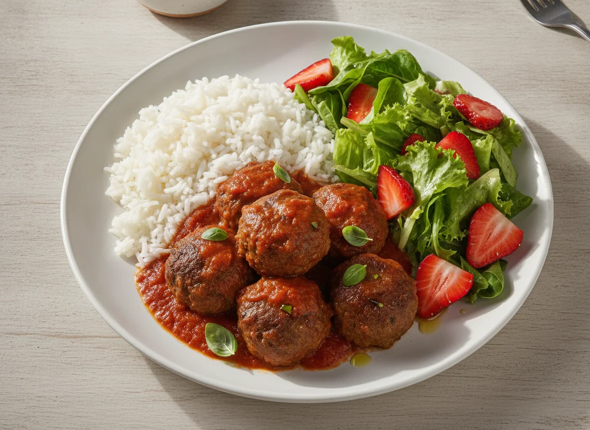 Almôndegas com arroz e salada de morango photo