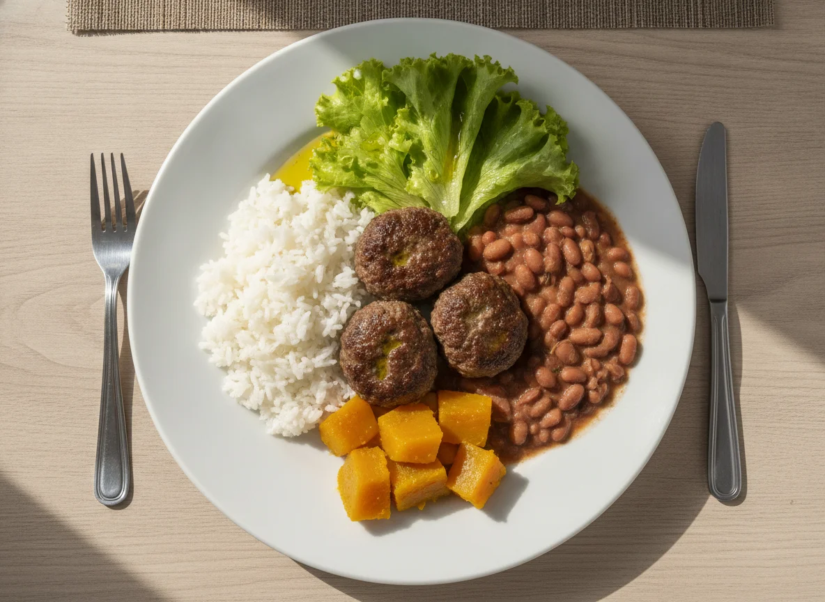 Almôndegas com arroz, feijão, abóbora e salada photo
