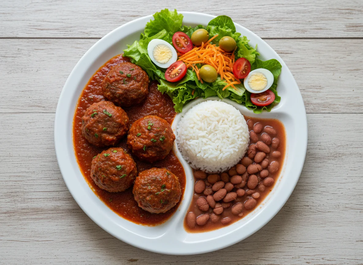 Almôndegas com arroz, feijão e salada photo