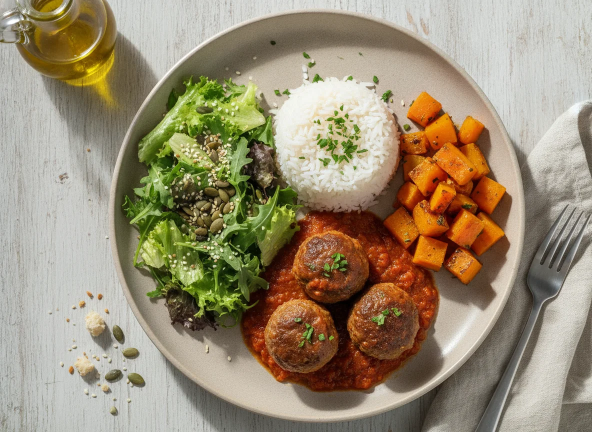 Almôndegas com arroz, legumes assados e salada photo