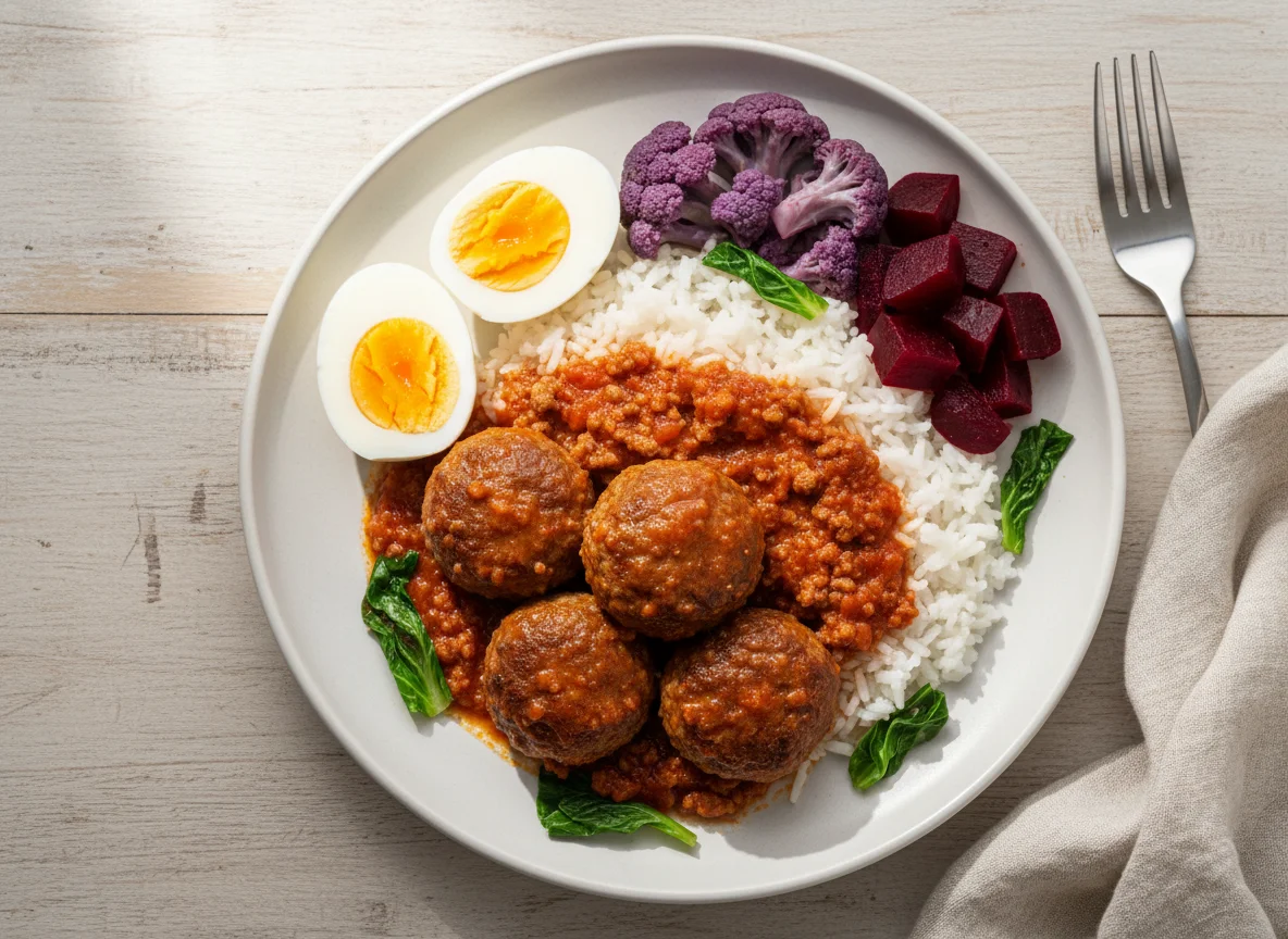 Almôndegas com arroz, ovos e vegetais photo