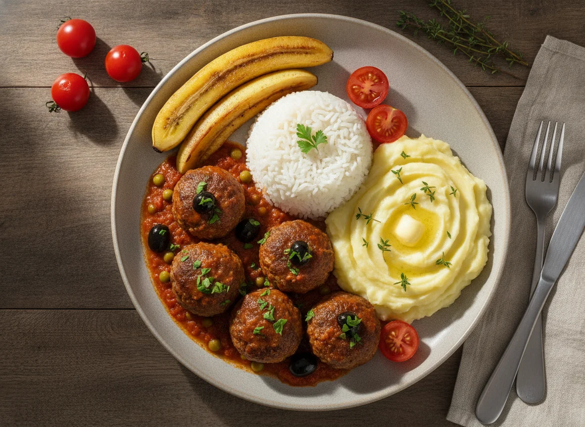 Almôndegas com arroz, purê de batata e banana photo