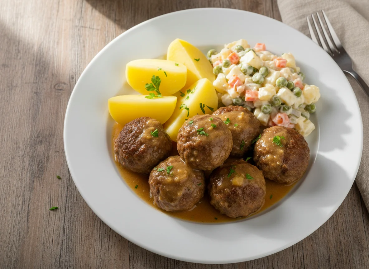 Almôndegas com batata cozida e salada de maionese photo