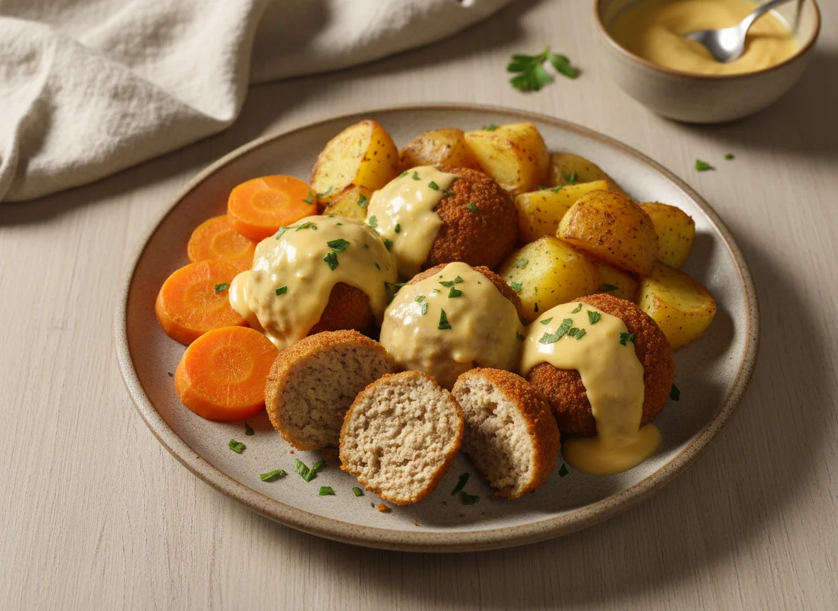 Almôndegas com batatas e molho de queijo photo
