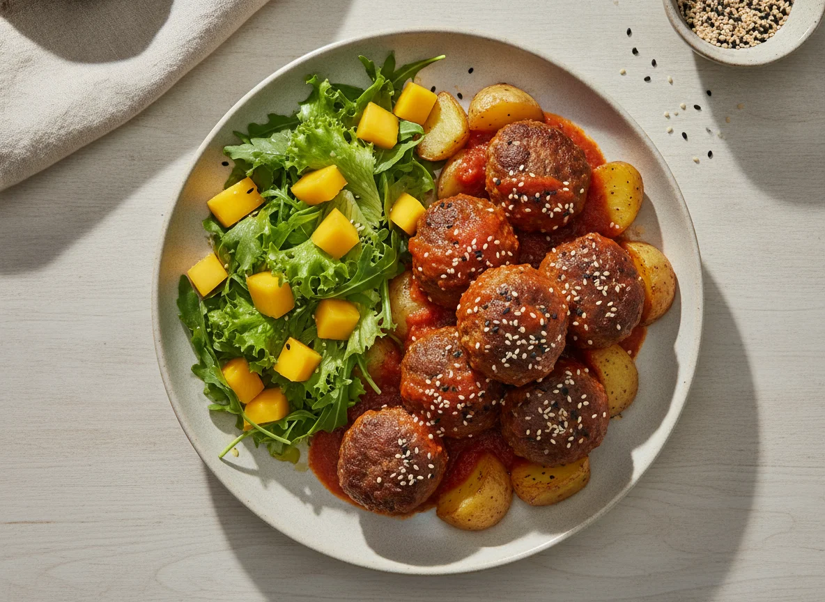 Almôndegas com batatas, salada e manga photo