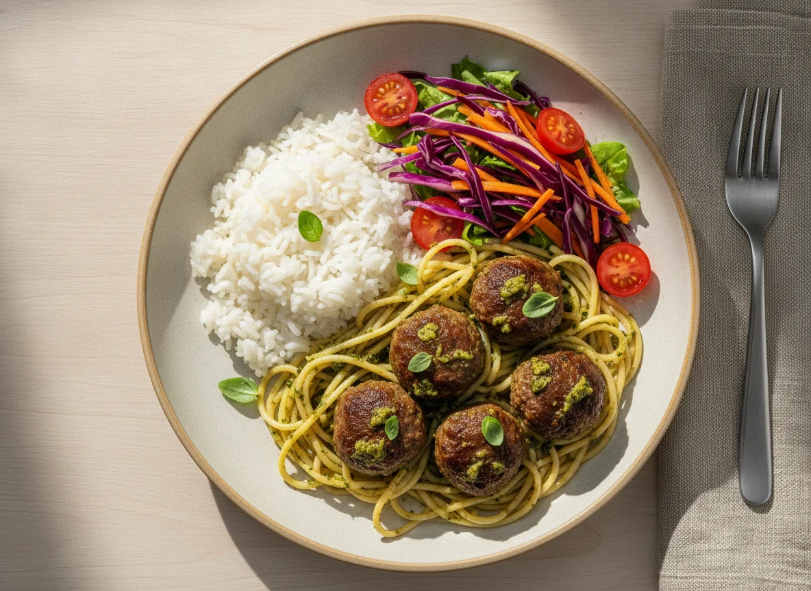 Almôndegas com espaguete ao pesto, arroz e salada photo