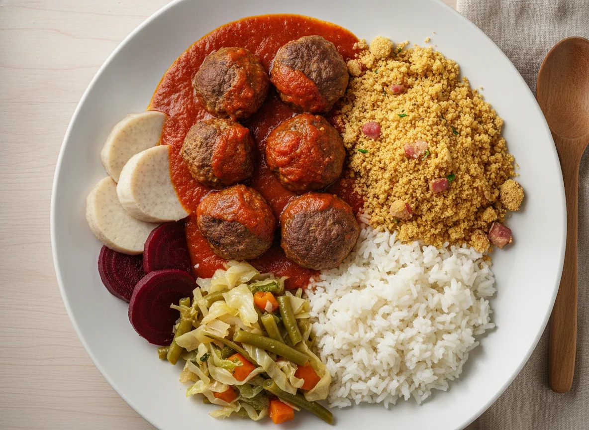 Almôndegas com Farofa e Legumes photo