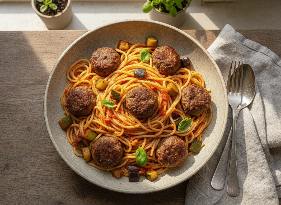 Almôndegas com Macarrão e Legumes Refogados photo