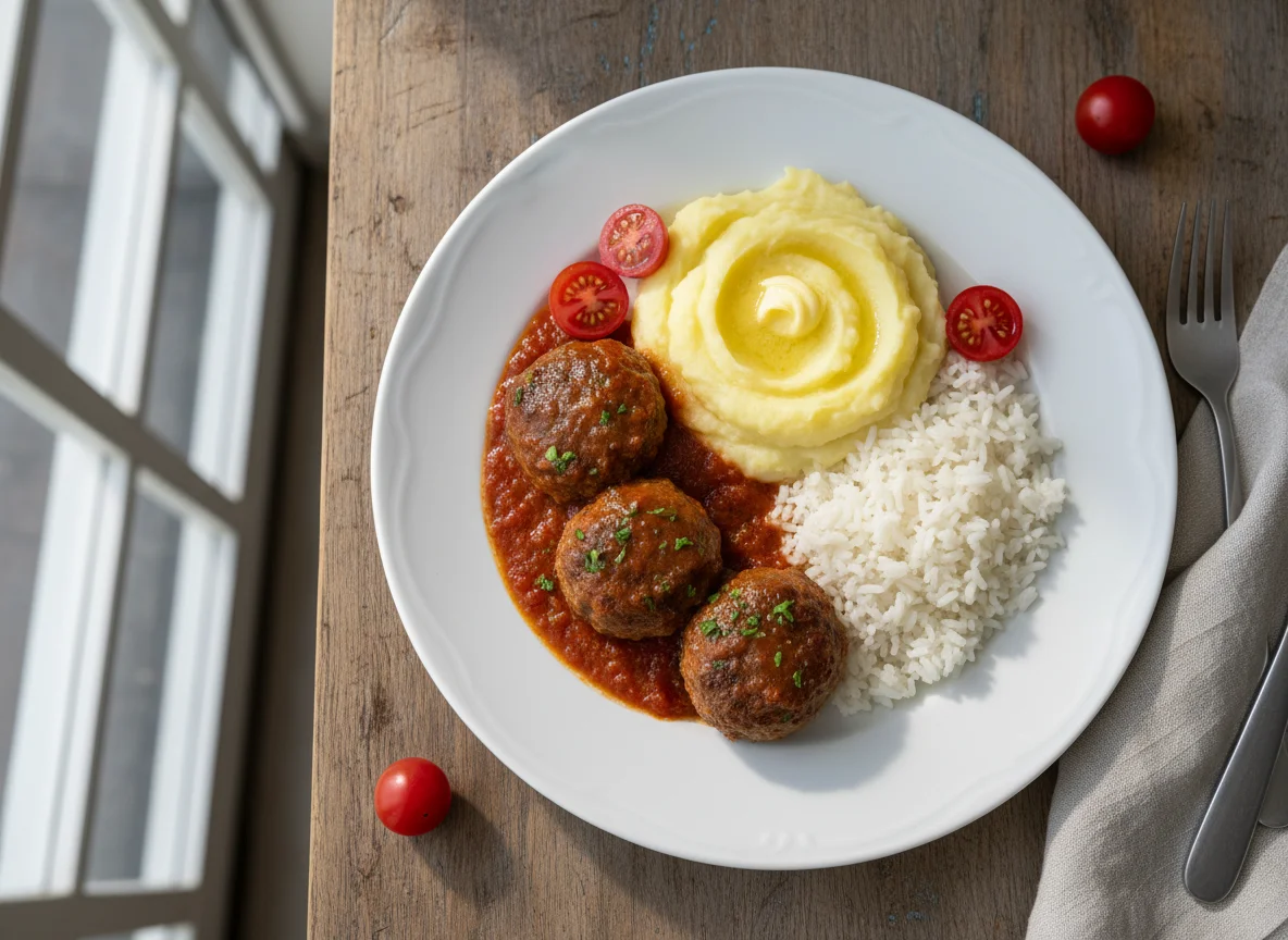 Almôndegas com purê de batata e arroz photo