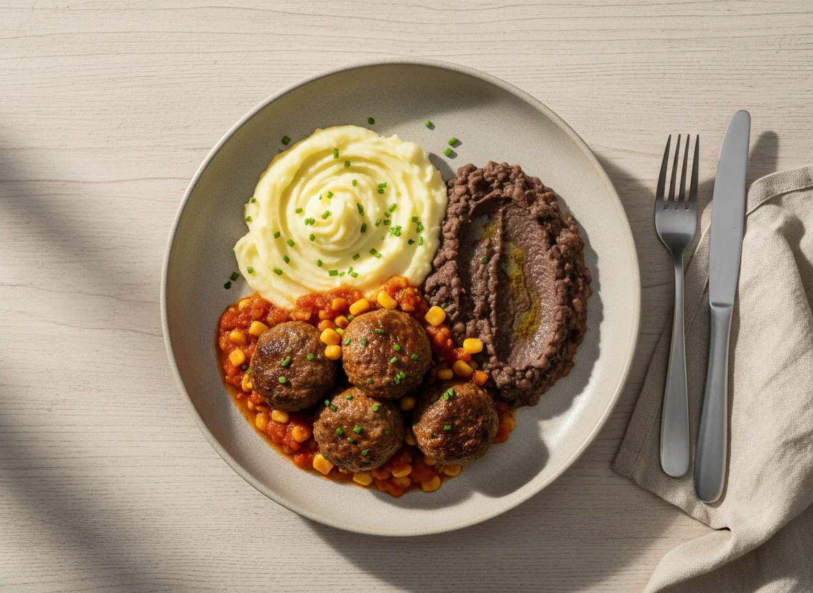 Almôndegas com purê de batata e feijão photo