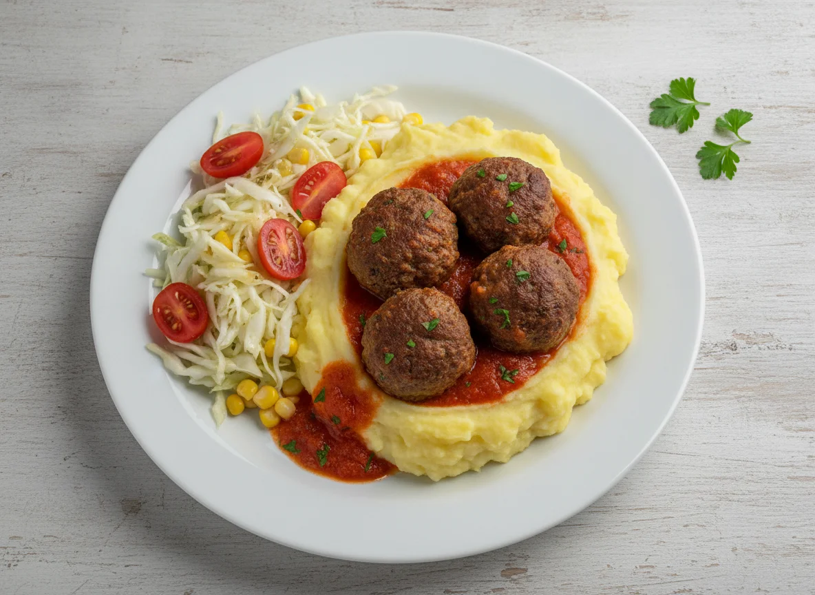 Almôndegas com purê de batata e salada photo