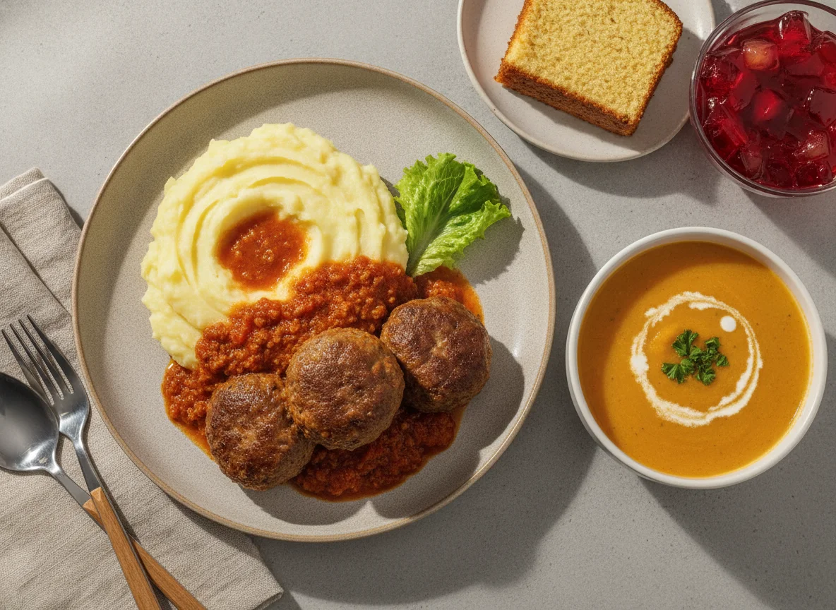 Almôndegas com Puré de Batata e Sopa de Legumes photo