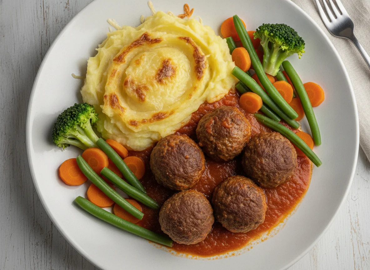 Almôndegas com Purê de Batata Gratinado e Vegetais photo